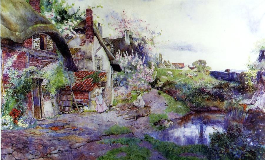 David Woodlock An English Idyll Figures outside a Thatched Cottage Wall Decal