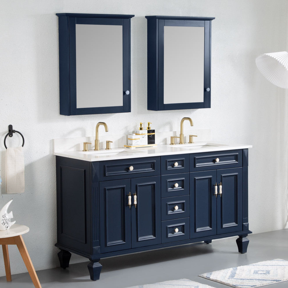 Solid Wood Bathroom Vanity with Quartz Top and cUPC Certified Sink, Navy Blue, 60 Inch