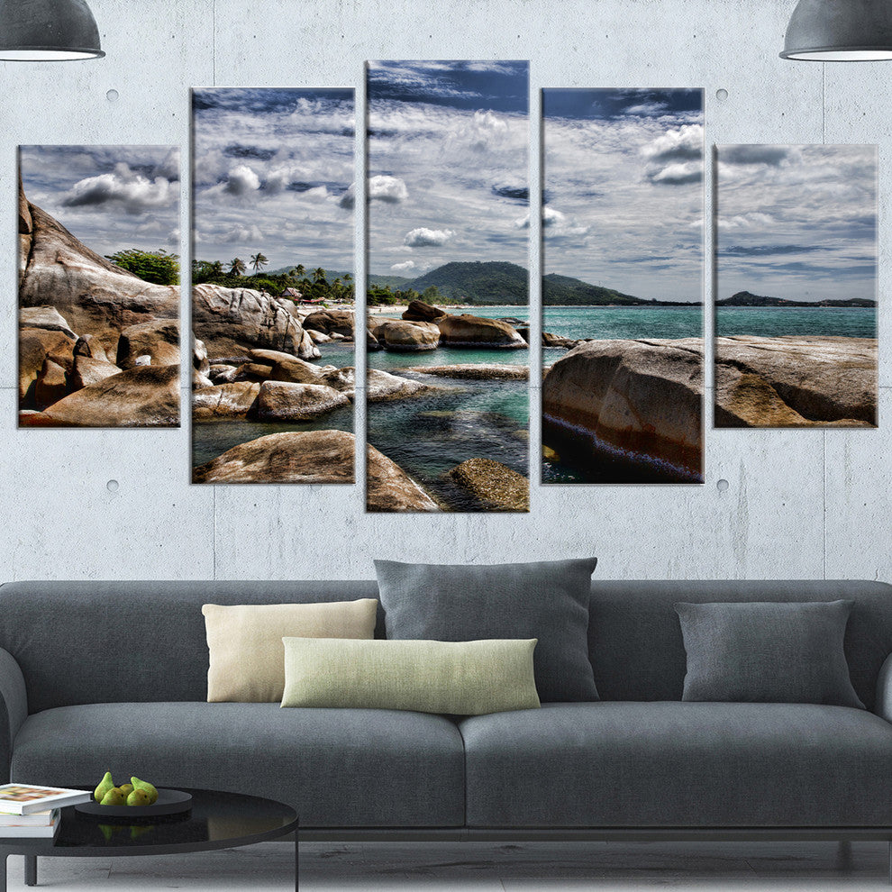 Rocky Beach with Dramatic Sky, Large Seashore Canvas Print, 60"x32", 5 Panels