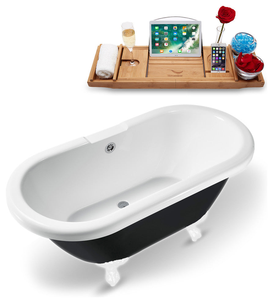 59" Black Clawfoot Tub and Tray, White Feet, Gold External Drain