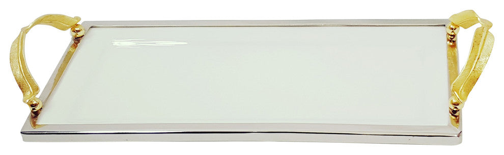 Elegance Gold Feather Ceramic Rectangular Tray With Handle