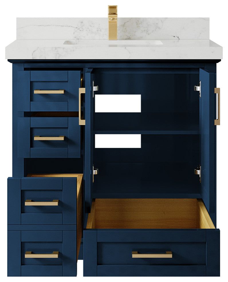 Cambridge 36 Center Sink Bath Vanity in Hale Navy Blue 2" Calacatta Nuvo