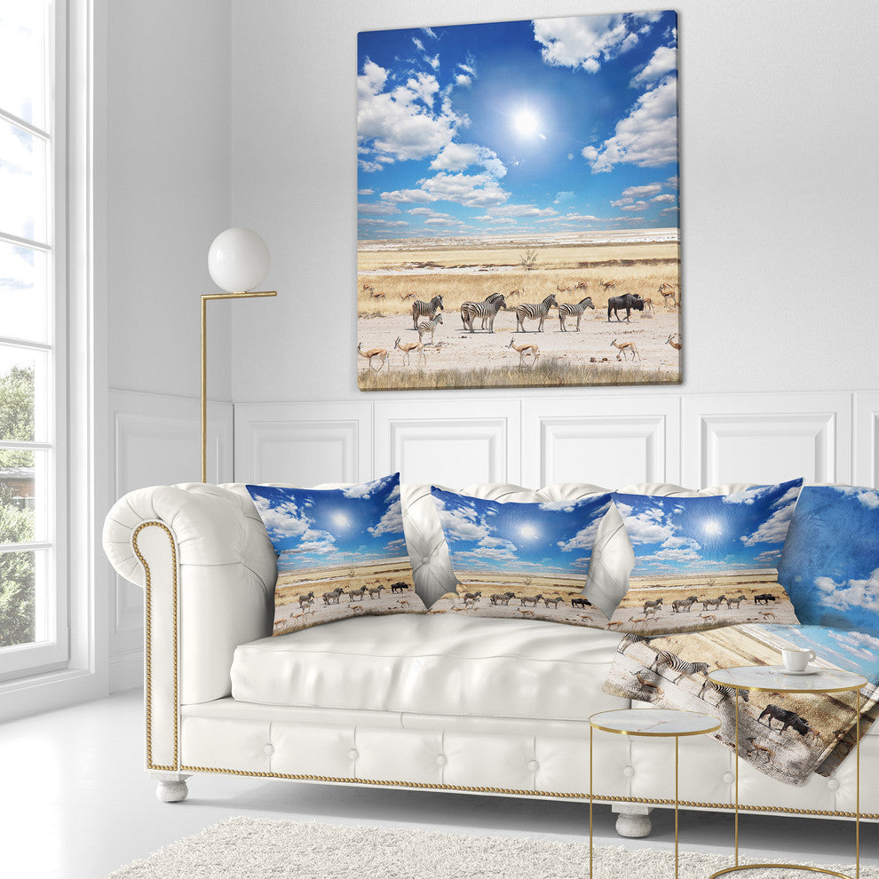 Wandering Zebras Under Bright Sky Landscape Printed Throw Pillow, 16"x16"