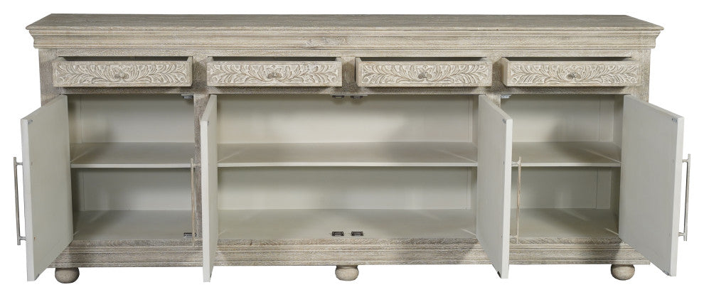 Abigail 4-Drawer 4-Door Floral Carved Wood Sideboard, Limestone Gray