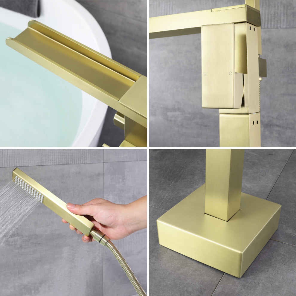 Waterfall Floor Mounted Tub Faucet With Hand Held Shower, Brushed Gold
