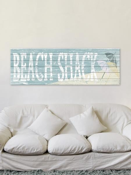 "Beach Shack" Painting Print on White Wood, 60"x20"