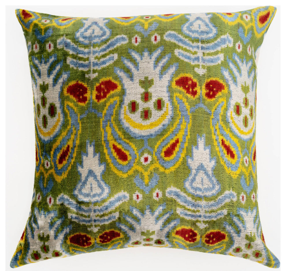 Handmade Velvet Throw Pillow With Multicolor Ikat Design 20x20"