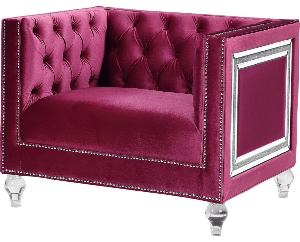 Benzara BM269193 Chair With Shelter Arms and Mirrored Trim Accent, Dark Red