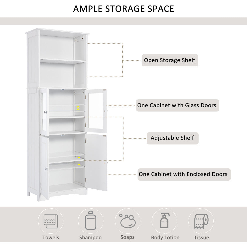 64" Wood 4-door Bathroom Cabinet with Adjustable Shelves