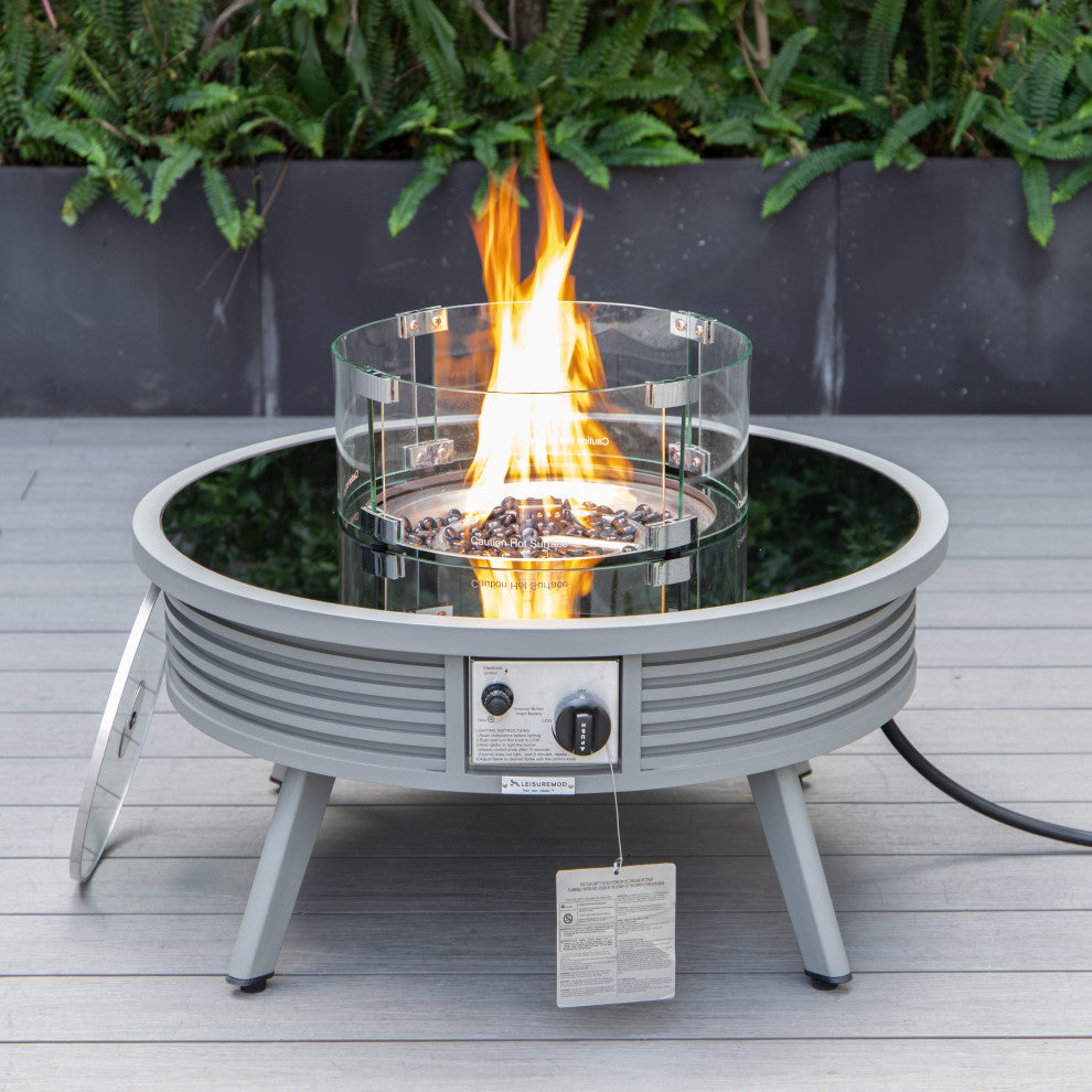 Leisuremod Walbrooke Patio Round Fire Pit Table With Aluminum Slats Frame, Gray