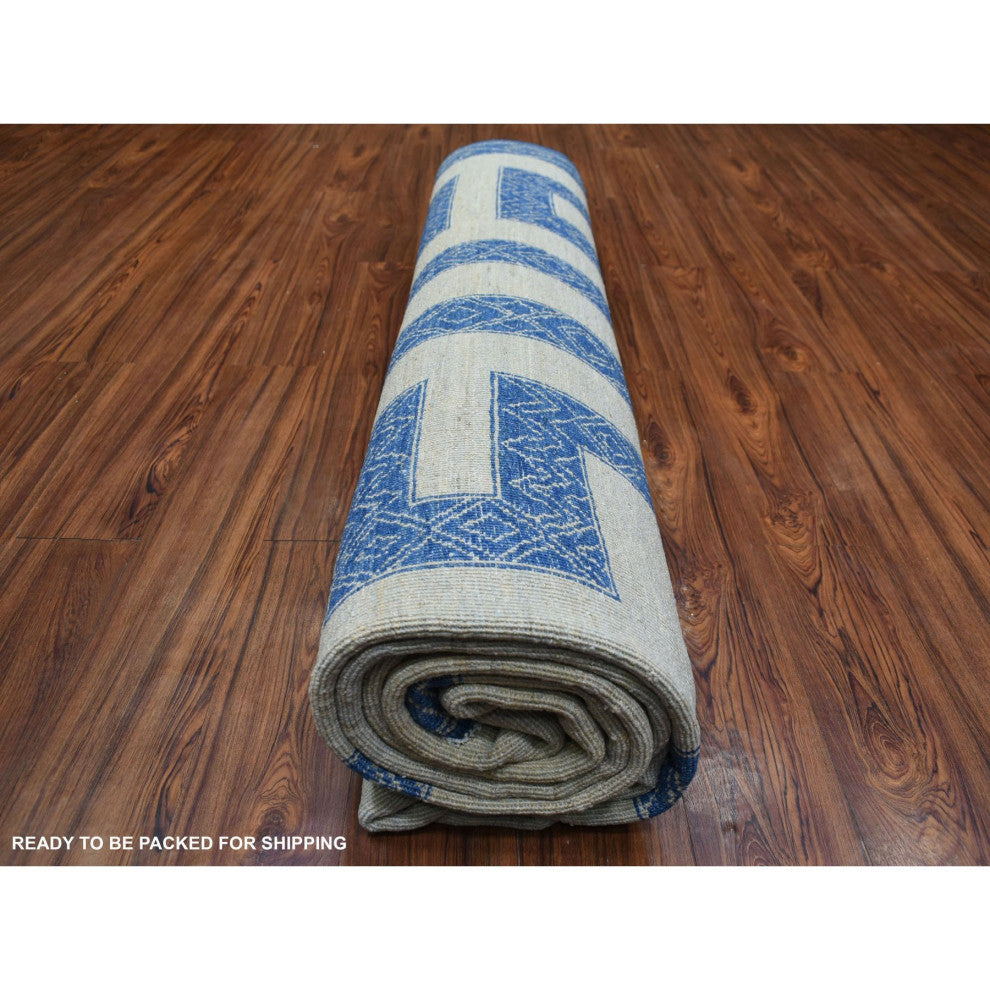 Denim Blue Maze Design With Berber Influence Hand Knotted Wool Rug, 9'2"x11'9"