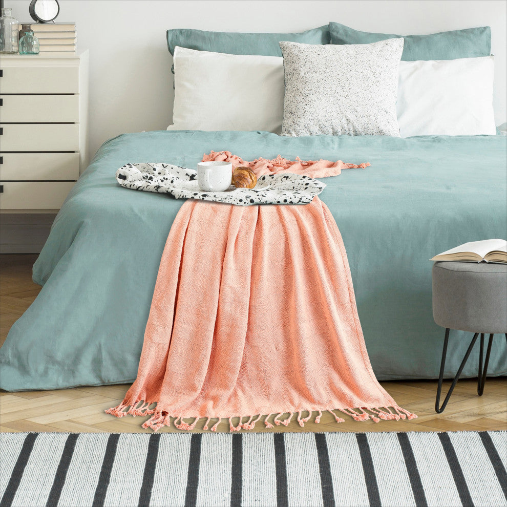 Checkered Weave Throw Blanket with Fringe, Coral Pink