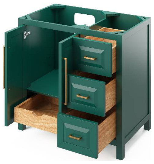 Cade Transitional 36" Forest Green Left Offset Sink Vanity, Black Granite Vanity