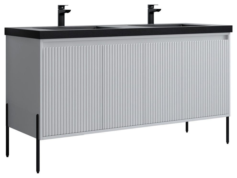 Flutie 60" Bathroom Vanity Set, White, Double Black Sink