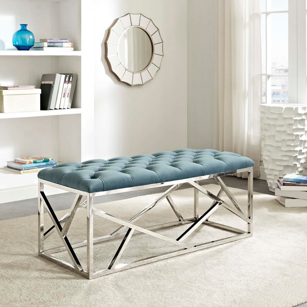 Modern Accent Chair Bench, Velvet Fabric Metal Steel, Blue