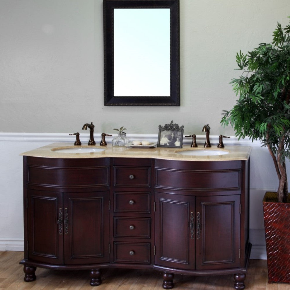 62" Double Sink Vanity-Wood-Walnut-Travertine