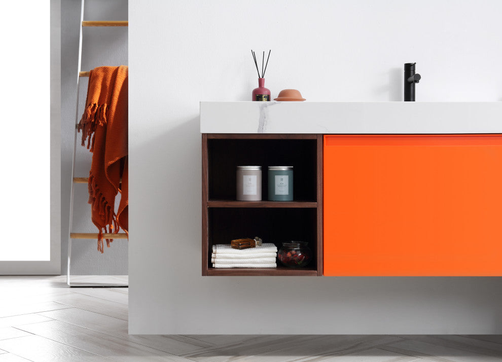 Manarola Red Amber with Thick Quartz Wall Mount Vanity, Open Shelf, 60"