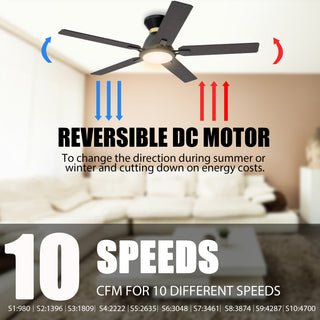 CARRO Flush Mount Ceiling Fan With Dim LED Light and Remote Smart 52" 5-Blade, Reversible Blade