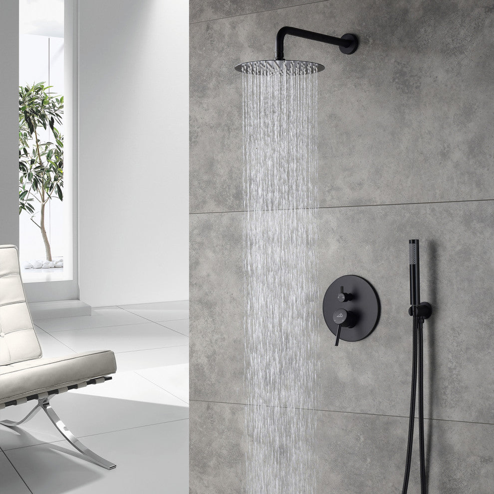CASAINC 10" Round Wall Mounted Luxury Rain Shower System with Handheld Spray, Matte Black