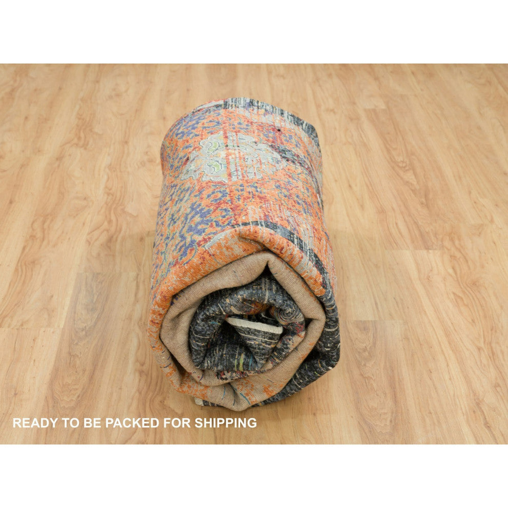 Orange Hand Knotted Ancient Ottoman Erased Design Ghazni Wool Rug 9'2"x12'