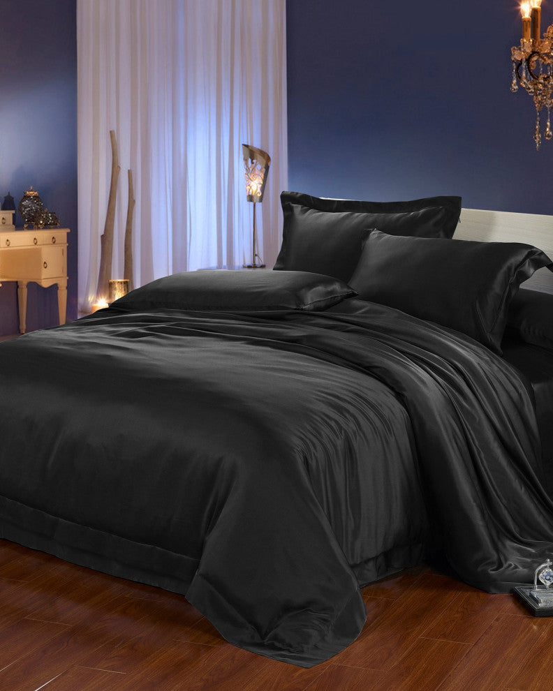 22MM 4PCS Mulberry Silk Bedding Set, Black, Twin