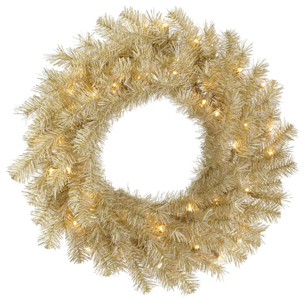 Vickerman White/Gold Tinsel Wreath, 50 Warm White LED, 30"