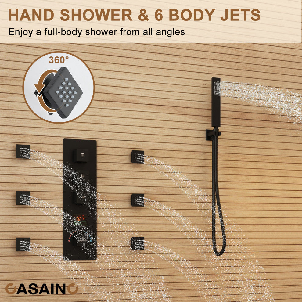 3 Function Digital Display Single Handle Shower System set with Body Spray, Matte Black