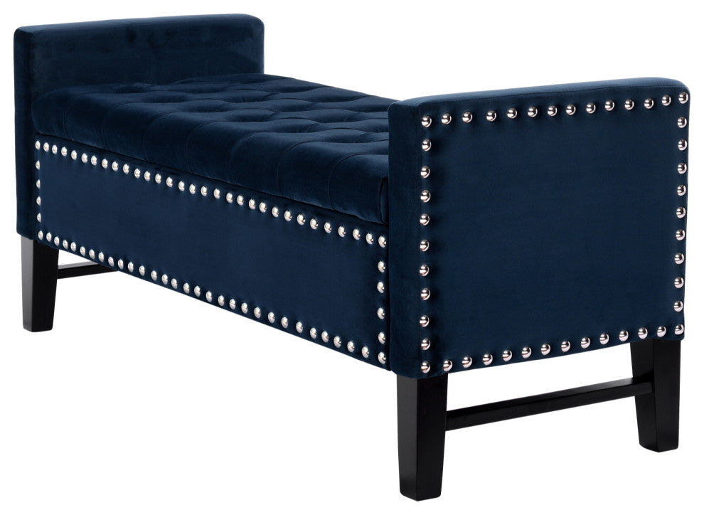Grace Velvet Button Tufted With Silver Nailhead Trim Storage Bench, Navy