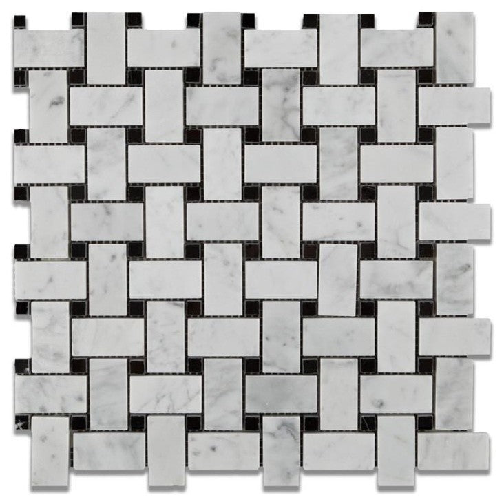Carrara White Marble Honed Basketweave  Mosaic Tile w/ Black Dots