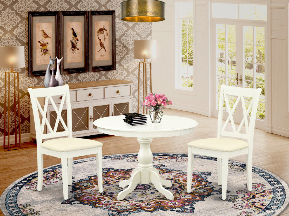 3 Pc Set, Linen White Small Dining Table, 2 Linen White Chairs, Linen White