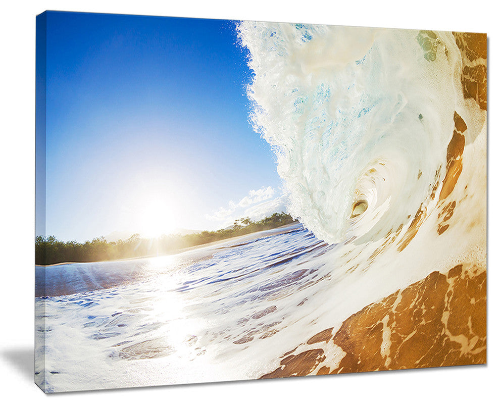 "Crashing Sandy Ocean Waves" Modern Beach Canvas Art Print, 20"x12"