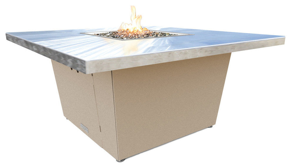 Square Fire Pit Table, 44x44, Chat Height, Propane, Brushed Aluminum Top, Beige