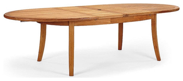 9-Piece Outdoor Teak Dining Set: 94" Oval Extn Table, 8 Hari Stacking Arm Chairs
