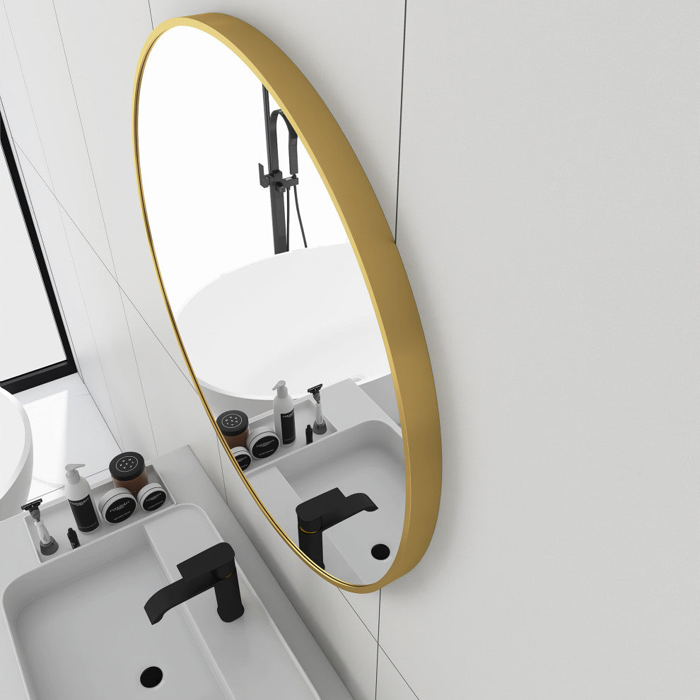 1.57" Wx31.5" H Round Framed Wall Mounted Bathroom Vanity Mirror, Brushed Gold