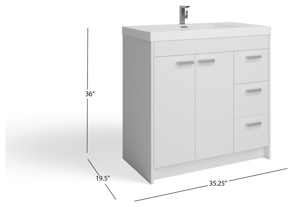 The Ashland Bathroom Vanity, White, 36", Single Sink, Freestanding