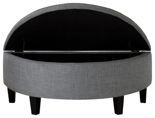 Laura Linen Button Tufted Nailhead Trim Half Moon Storage Ottoman, Light Grey