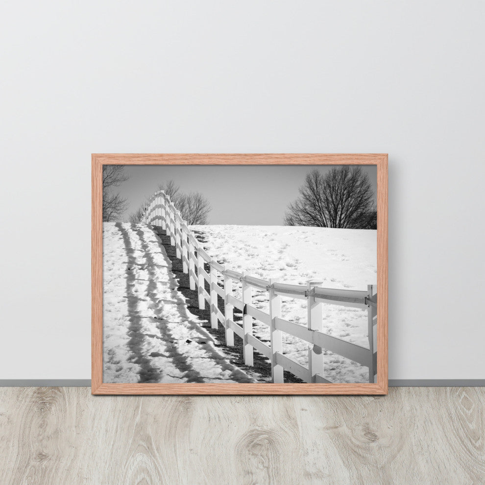 Endless Fences in Black & White Rural Landscape Framed Photo Paper Art Prints, Red Oak, 16" X 20"