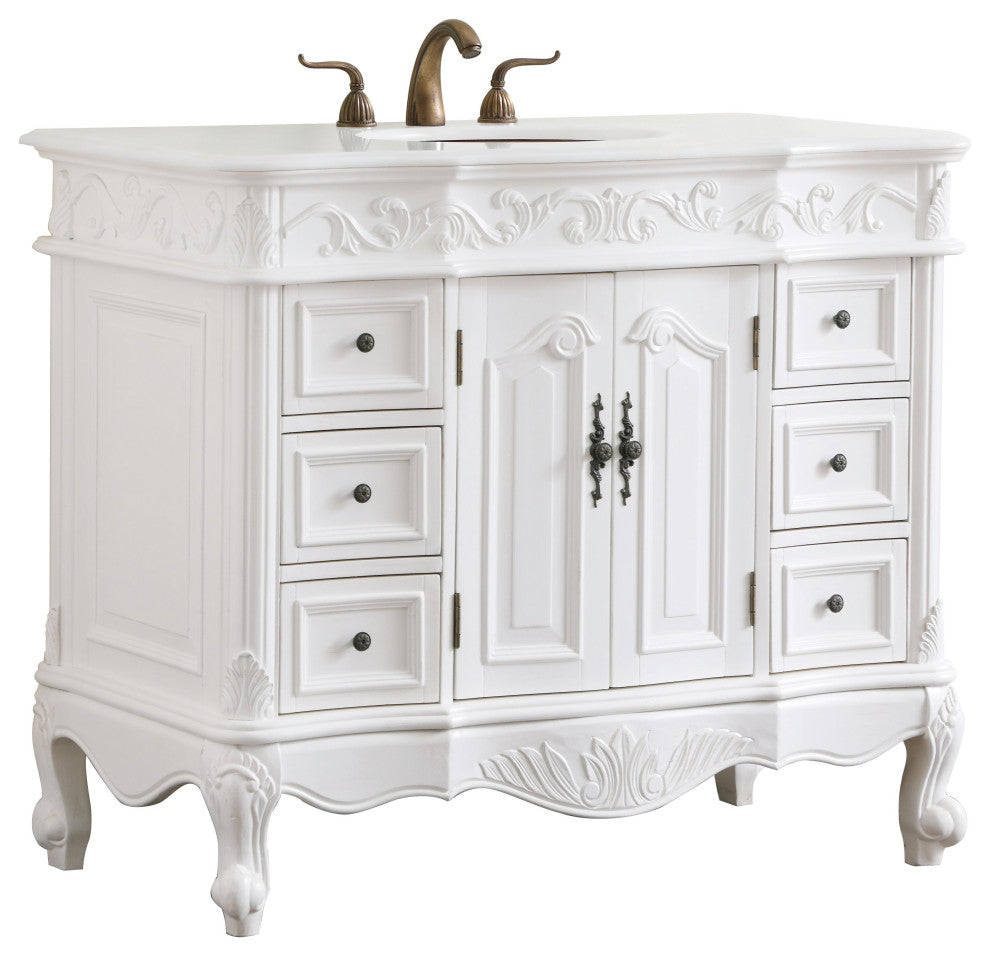 42" Single Bathroom Vanity, Antique White With Ivory White Engineered Marble