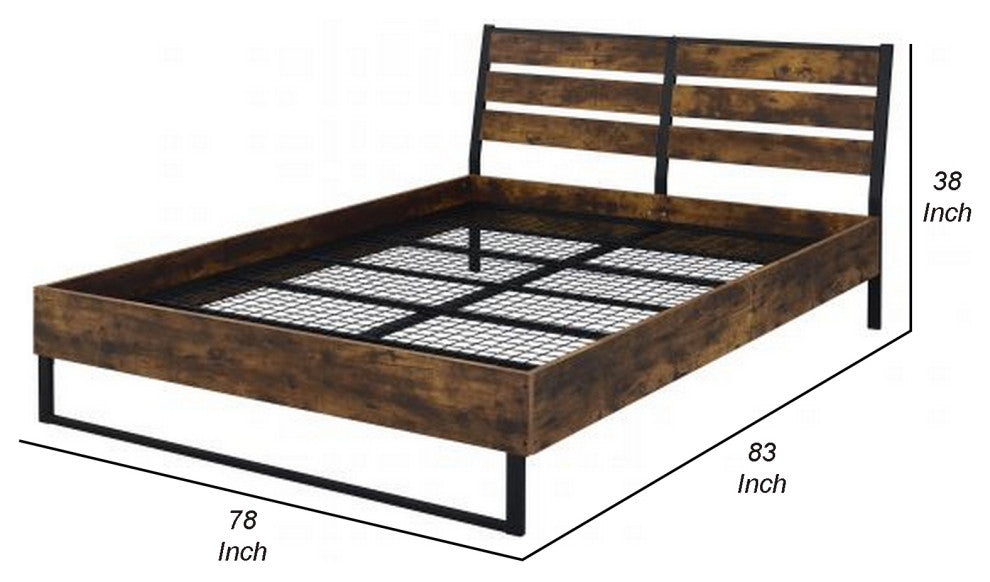 Benzara BM266519 Eastern King Bed, Panel Headboard & Metal Slats, Brown/Black