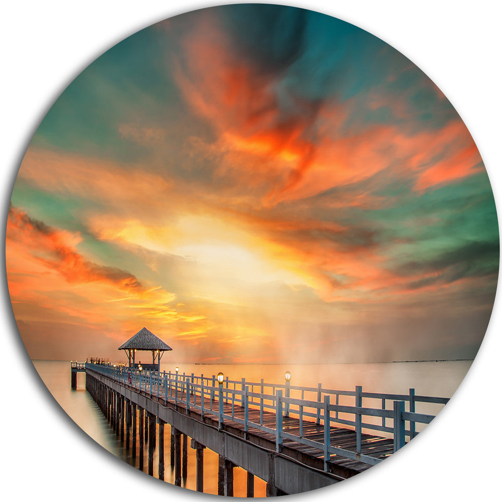 Wooden Pier, Landscape Photo Round Wall Art, 11"