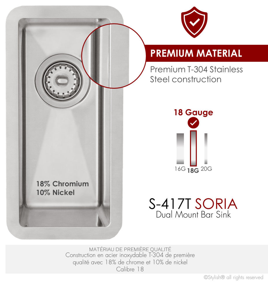 STYLISH Soria Dual Mount 9" Stainless Steel Single-Bowl Kitchen Sink