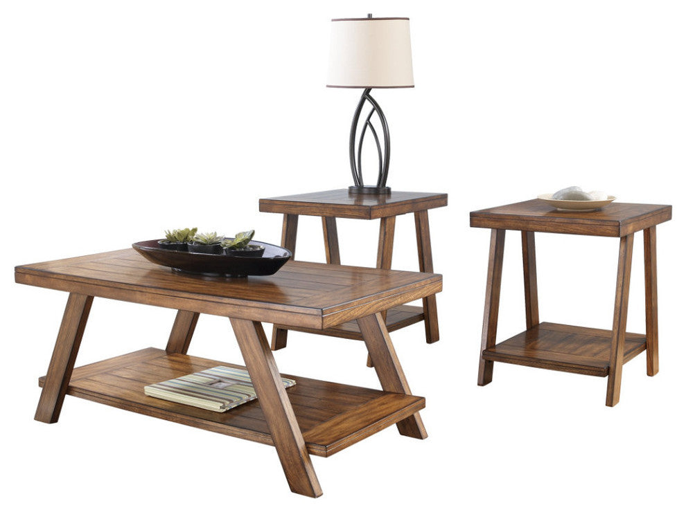 Plank Style Wooden Table Set with Trestle Base & Lower Shelf Set of Three Brown