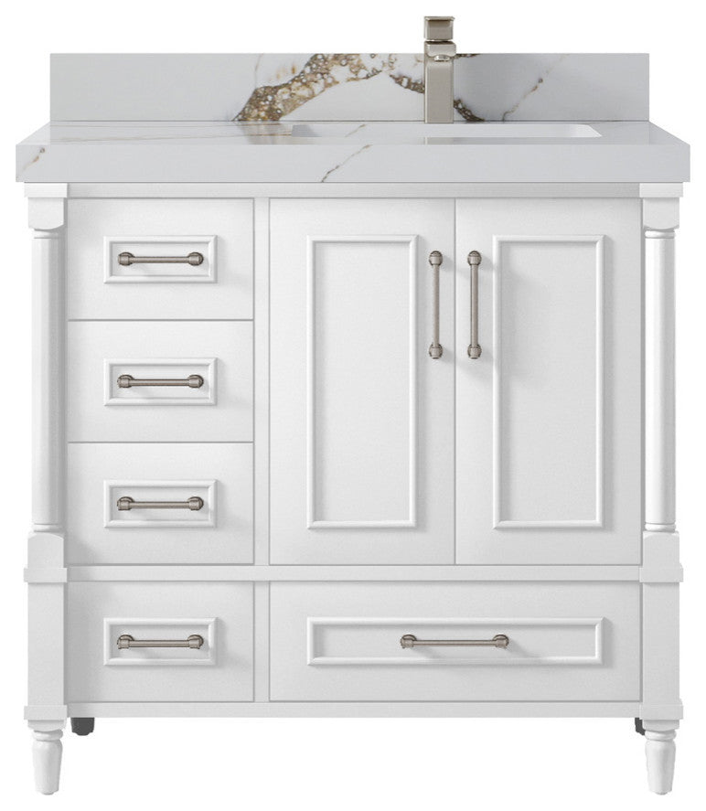 Aberdeen 36 Right Offset Bath Vanity in White 2" Calacatta Gold