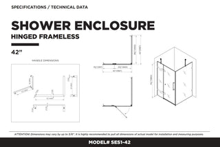 Shower Enclosure Hinged Frameless Tempered Glass, Satin Brass, 42"