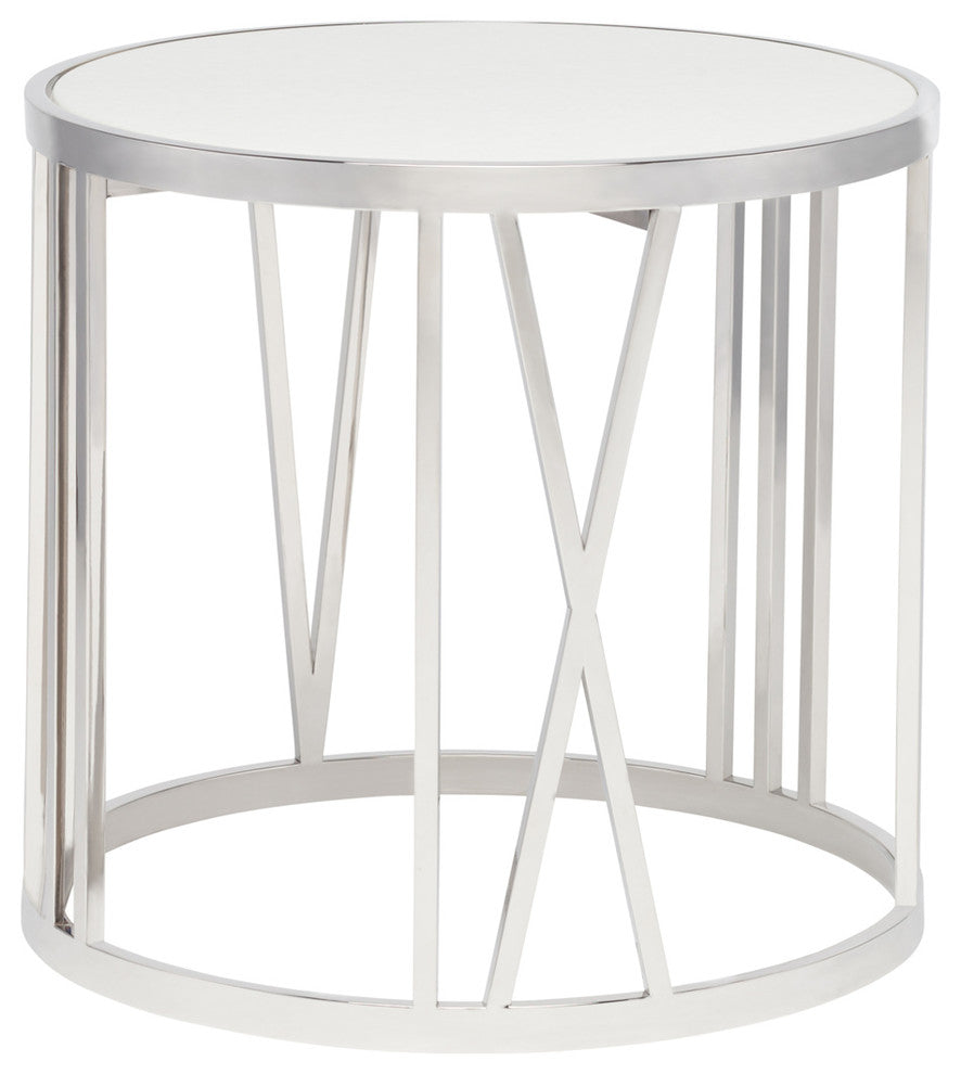 Roman White Marble Side Table, Polished Stainless Steel