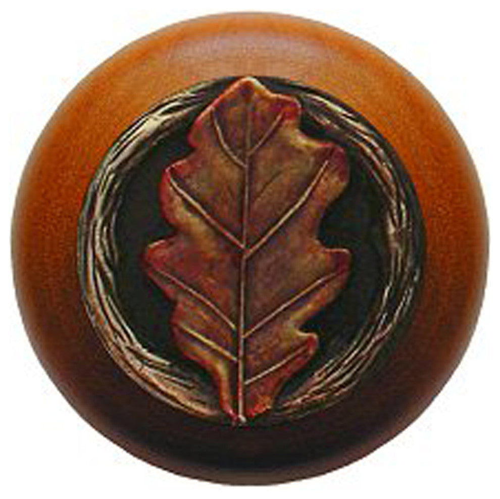 Oak Leaf Wood Knob in Hand-tinted Antique Brass/Cherry wood finish