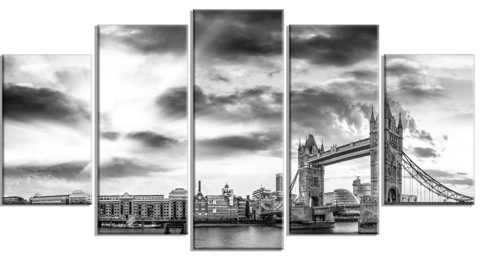 "Black and White View of London" Panorama Cityscape Wall Art, 60"x32", 5-Panels