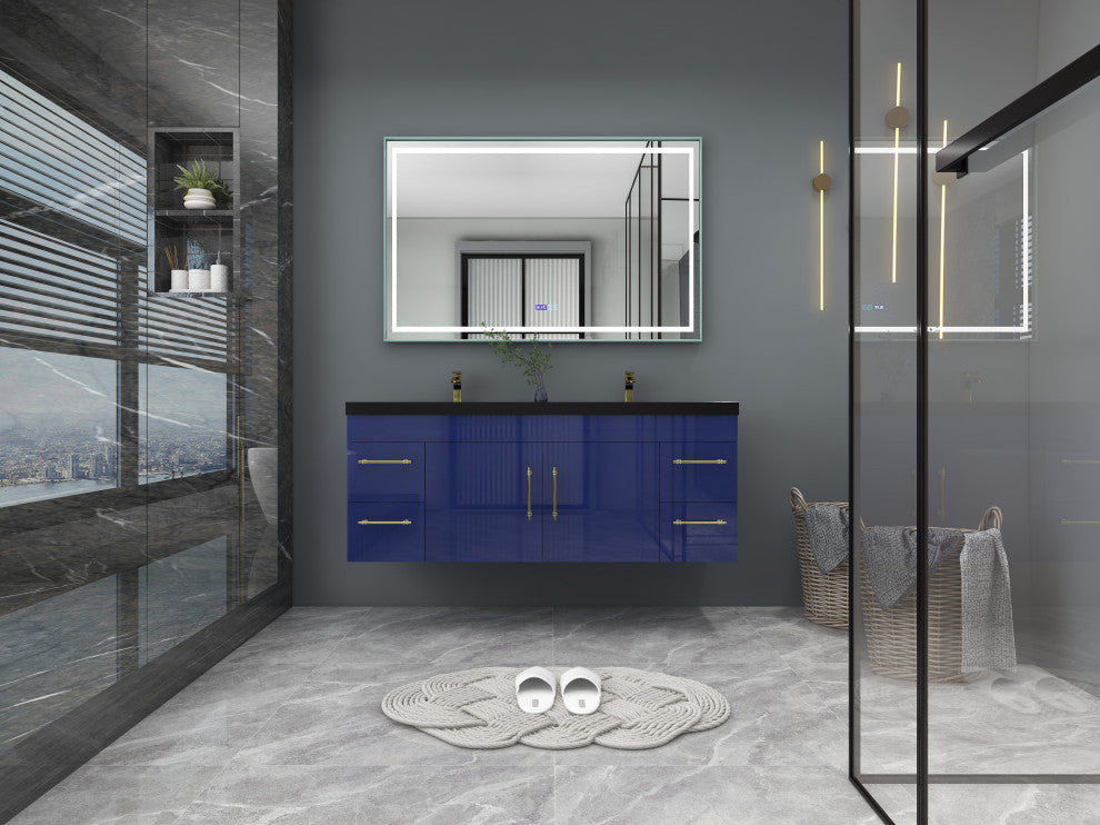 Rosa 60" Wall Mounted Modern Vanity, High Gloss Night Blue, Matt Black Top