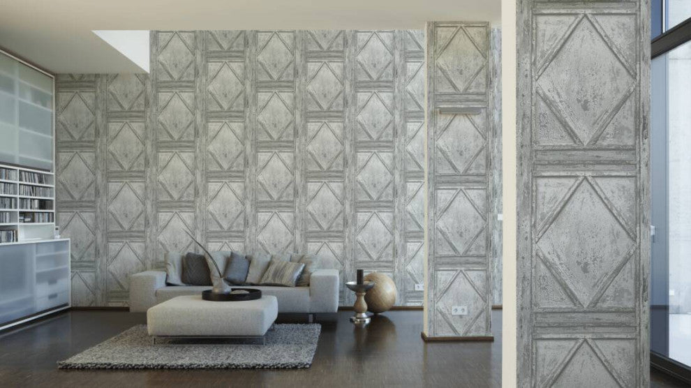 Loft Vintage Textured Wallpaper Featuring Boxes Wood, Gray White, Sample