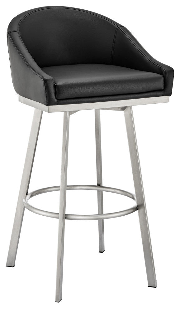 Noran Swivel Bar Stool, Brushed Stainless Steel With Black Faux Leather